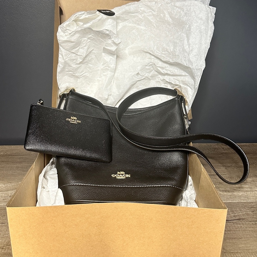 Coach Black Leather Crossbody and Pouch Set